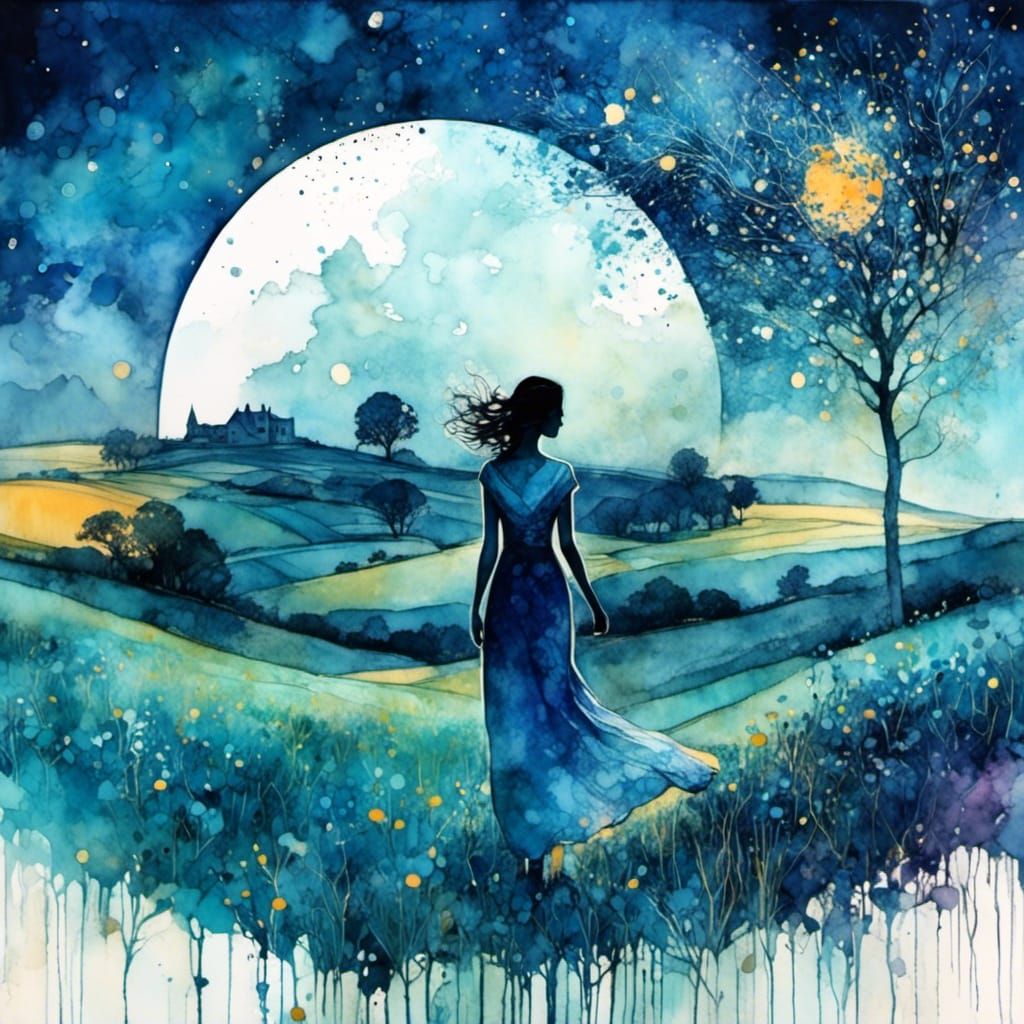 Woman in Liquid Ink Watercolor Sunset Illustration