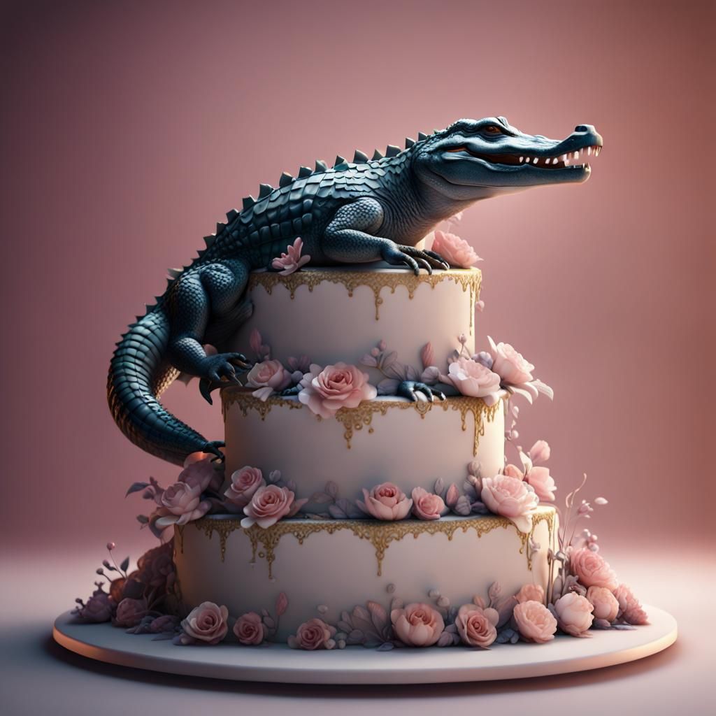 Porcelain Alligator on Wedding Cake: Digital Art
