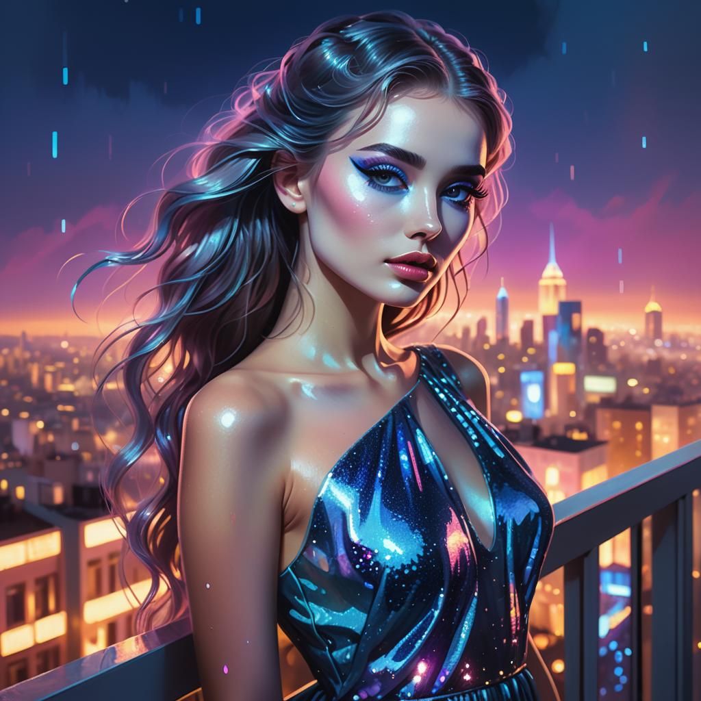 Ethereal Woman Overlooking Shimmering City in Acrylic Style
