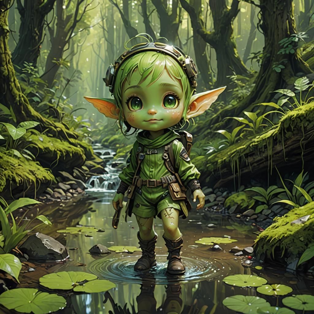 Happy Chibi Amphibian Pixie in Forest, Digital Art