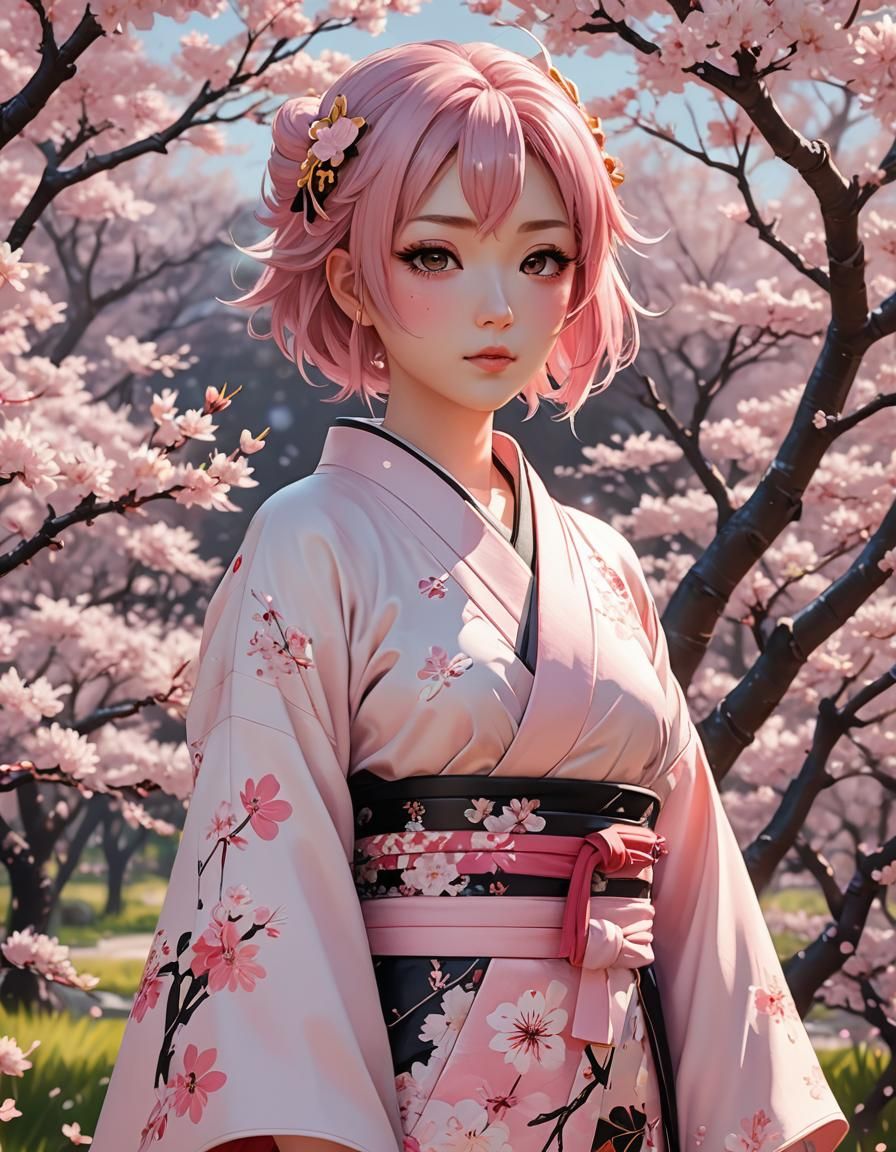 Anime Girl in Sakura Field: 3D Rendered Art