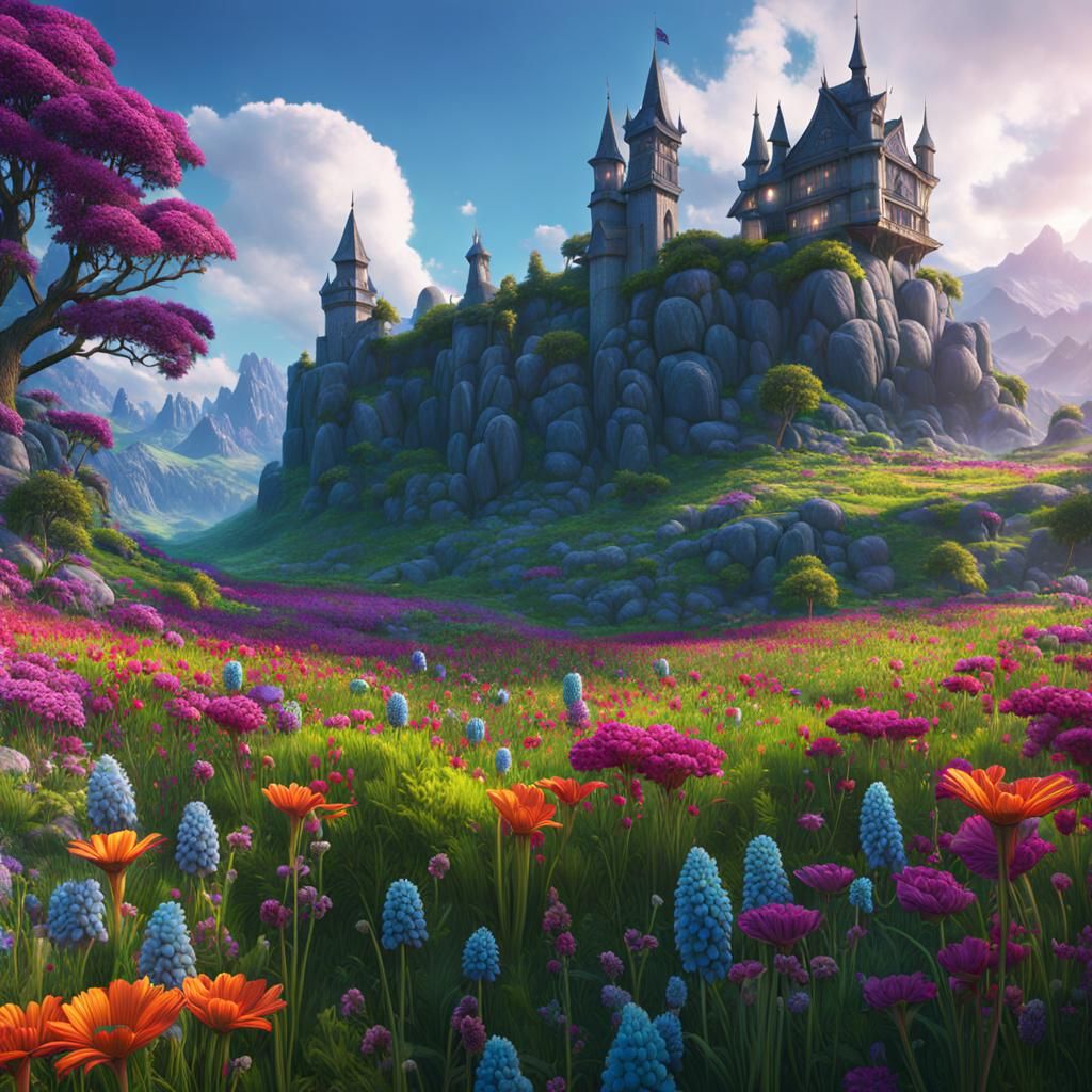 Fantastical Flower Meadow in Detailed Matte Painting Style