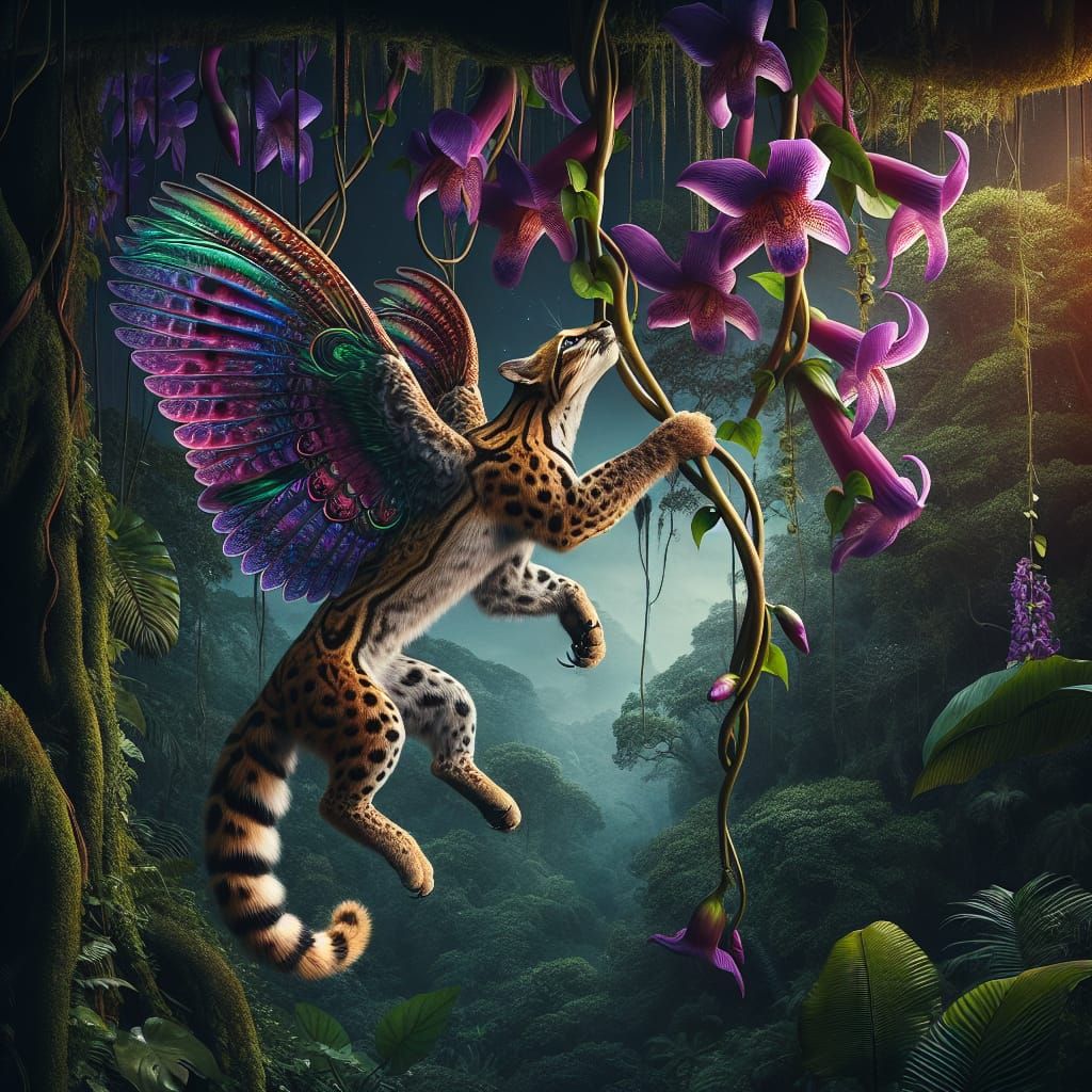 Hummingbird-Ocelot Hybrid in Jungle Setting
