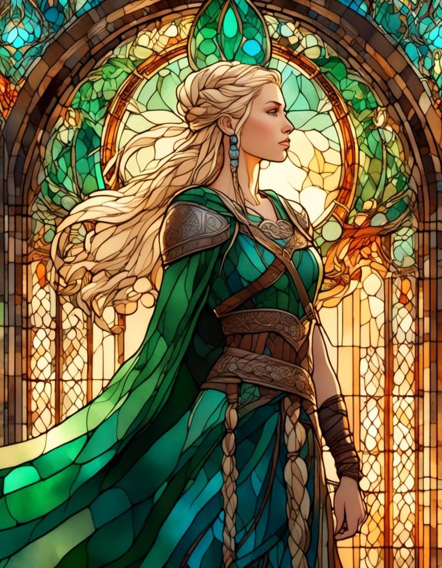 Stained Glass Viking Woman with Glowing Runes