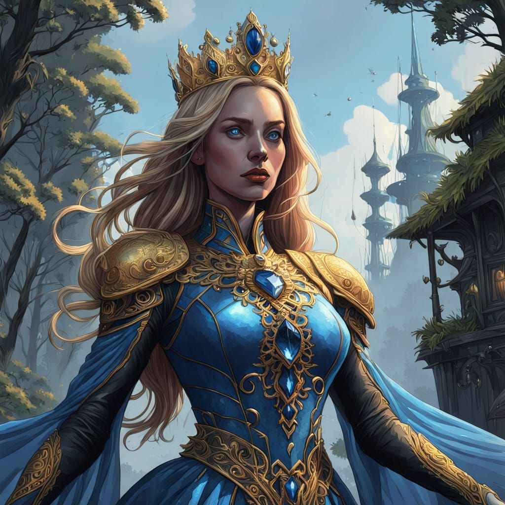 Regal Blond Woman with Sapphire Crown, Digital Art