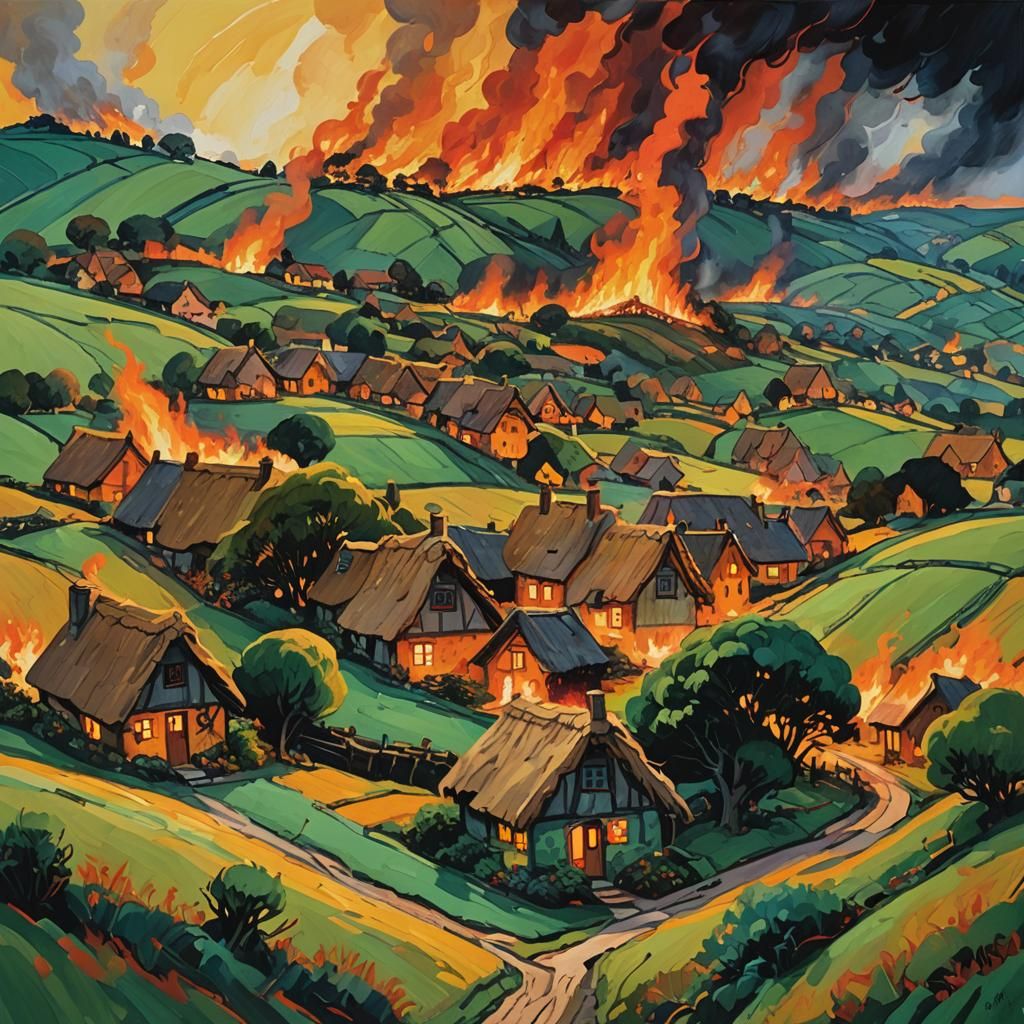 Hobbit Houses Ablaze: A Fauvist Landscape Painting