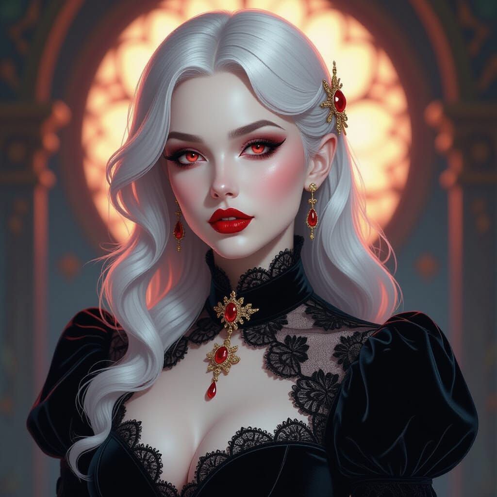 Elegant Vampire in Velvet and Lace, Hyperrealistic Style
