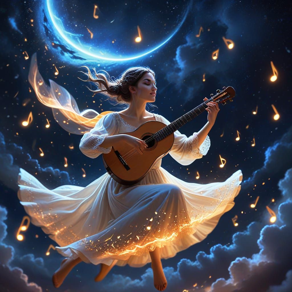 Ethereal Lute Player Soars Through Moonlit Sky