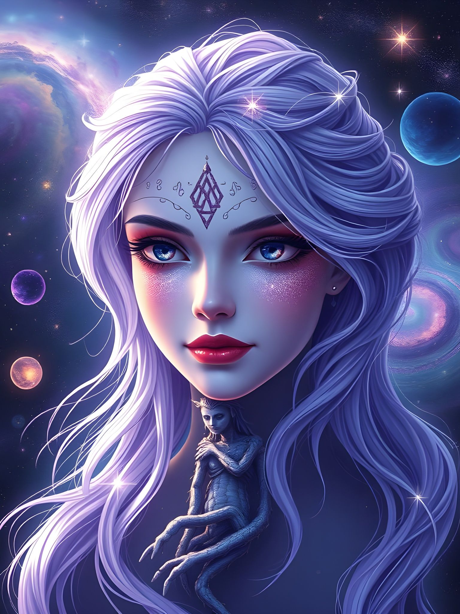 Enchanting Celestial Being in Front of Yggdrasil, Shimmering...