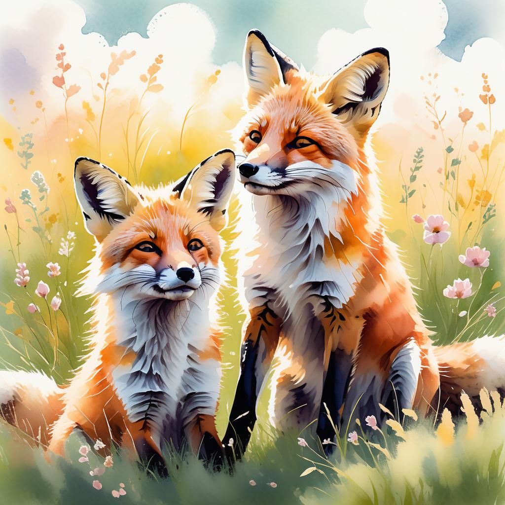 Fox Family Playing in Sunny Meadow, Watercolor