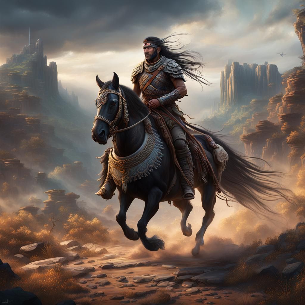 Comanche Warrior on Horseback, Detailed Matte Painting