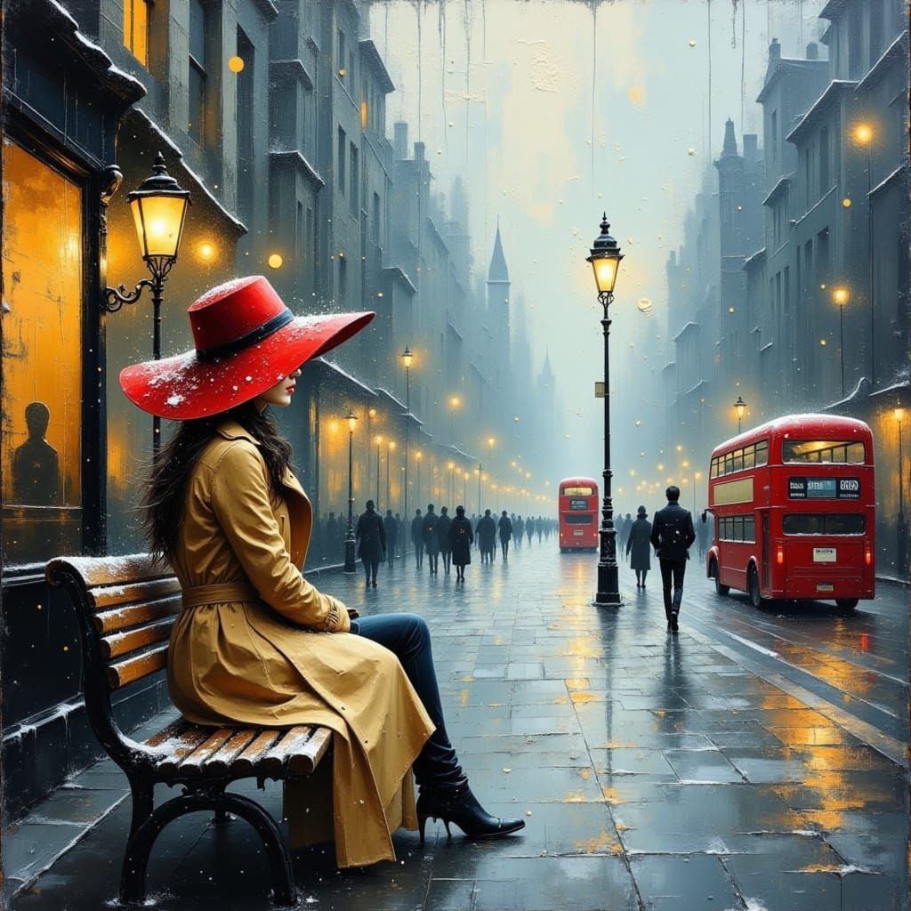 Snowy London Street Scene in Impressionist Oil Painting Styl...