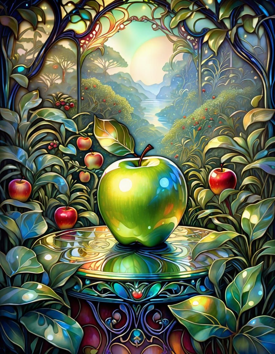 Art Nouveau Apple Among Jungle Flora Oil Painting