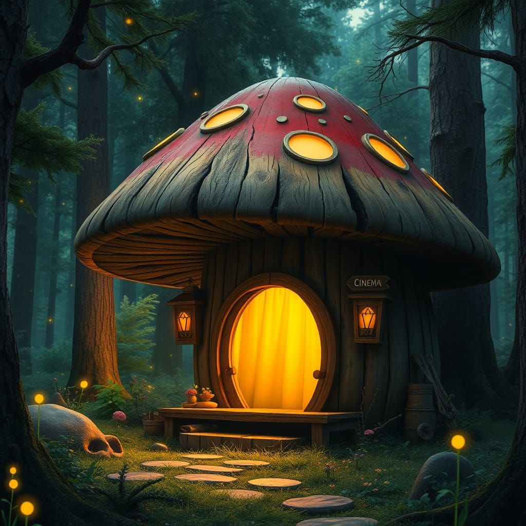 Mushroom Cinema in Enchanted Forest, Dreamy Art Style