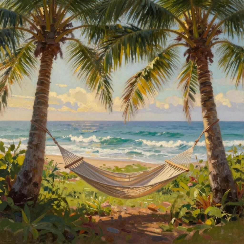 Hammock Between Palm Trees Overlooking Ocean Waves