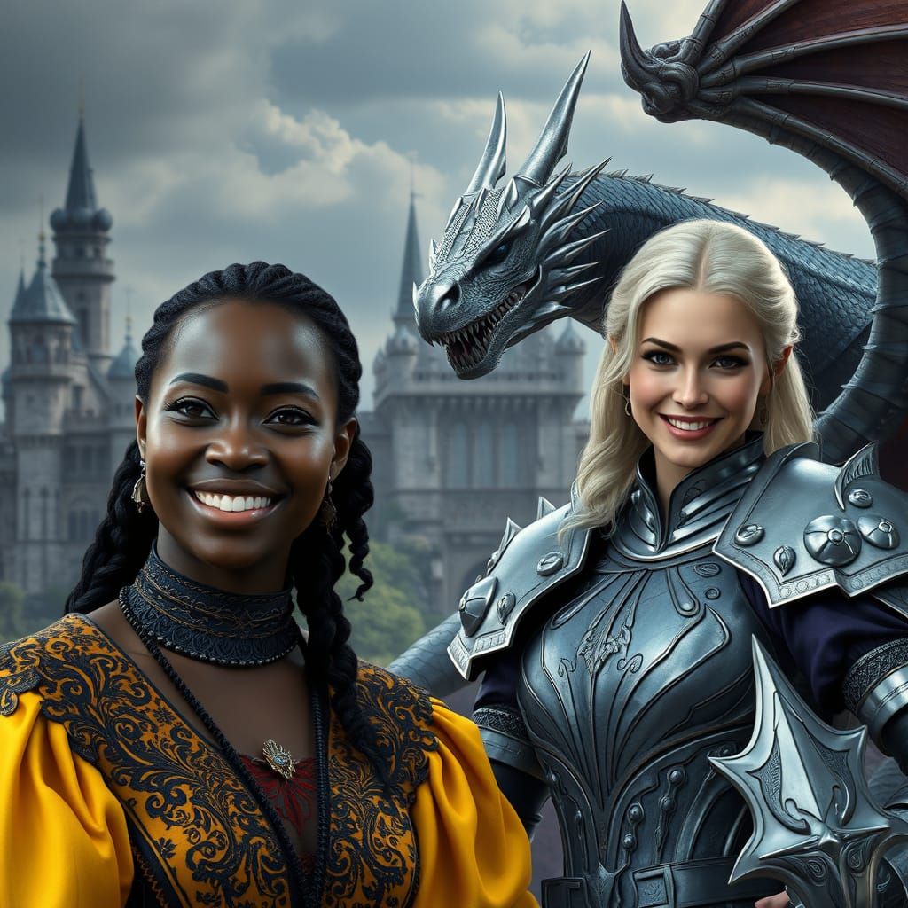 Medieval Dragon Fantasy with Two Smiling Women