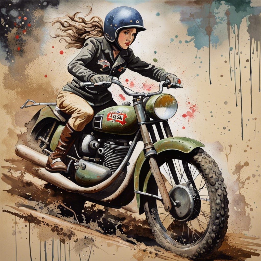 Girl on 1945 BSA Motorbike Oil Painting