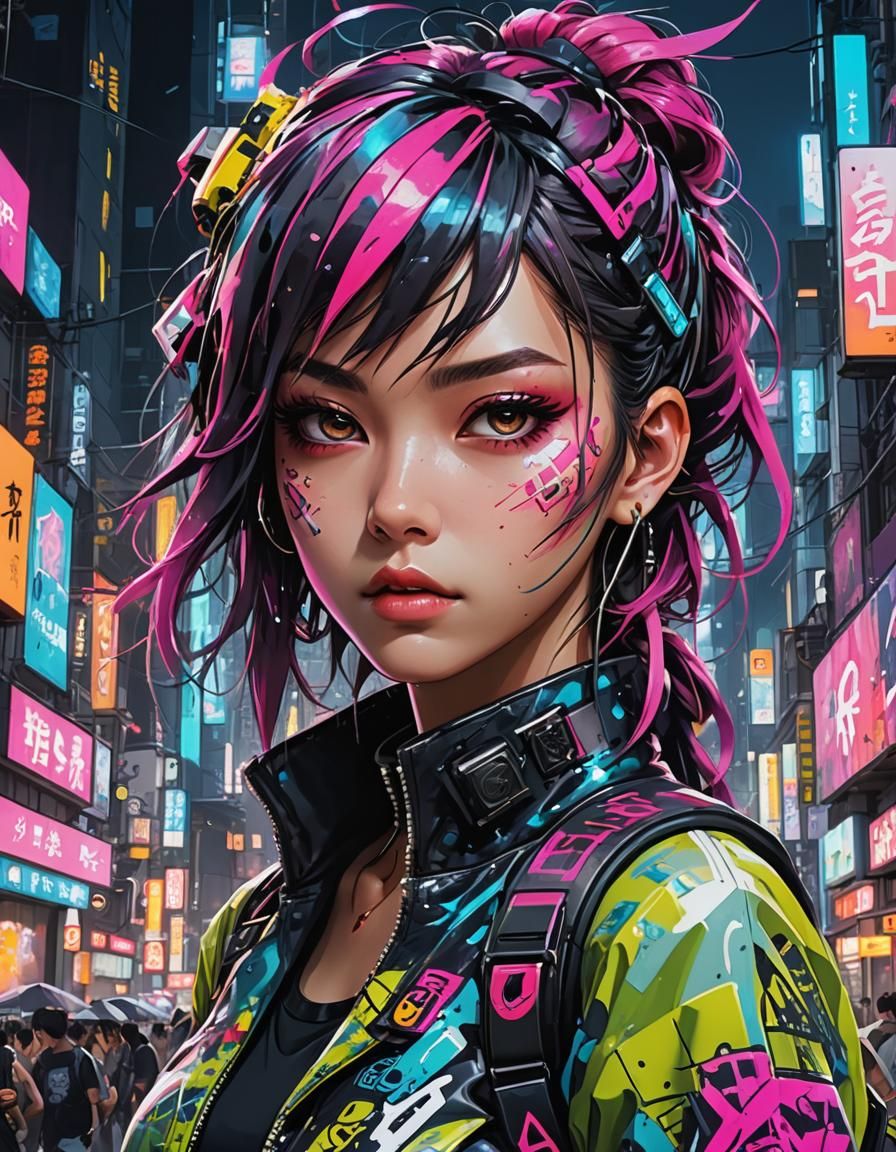 Android Girl in Harajuku Cyberpunk Anime Style