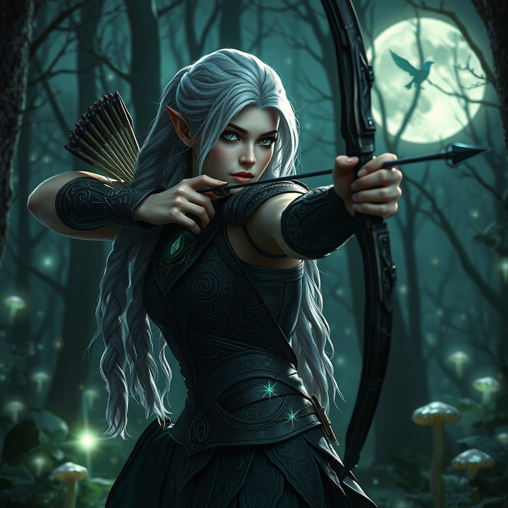 Elven Huntress in Moonlit Forest with Radiant Runes
