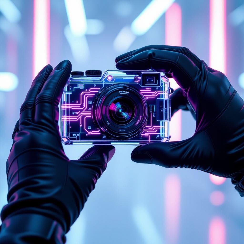 Futuristic Transparent Camera with Neon Circuits
