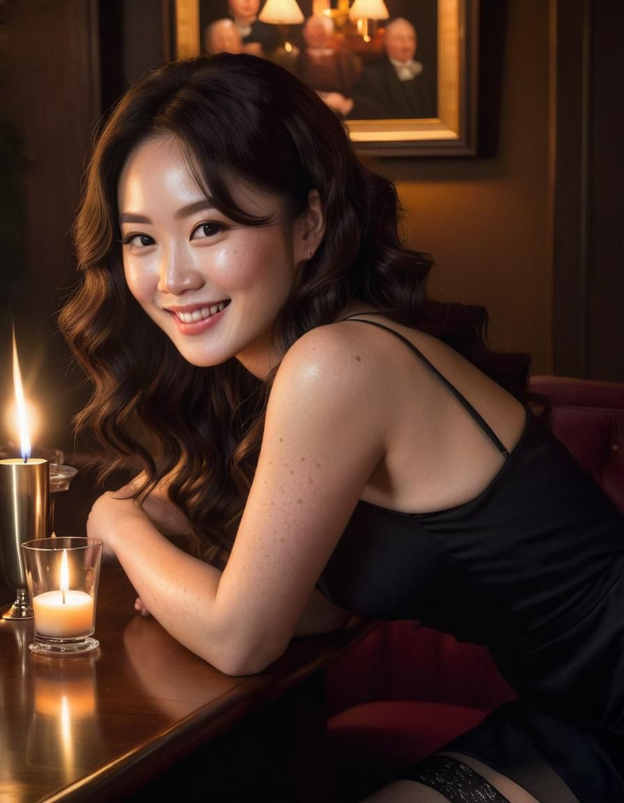 Korean Woman Lounging at Bar in Renaissance Style