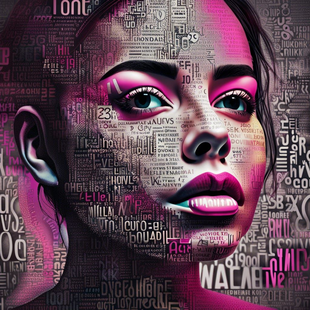 Intricate Portrait: Woman's Face Covered in Black Text