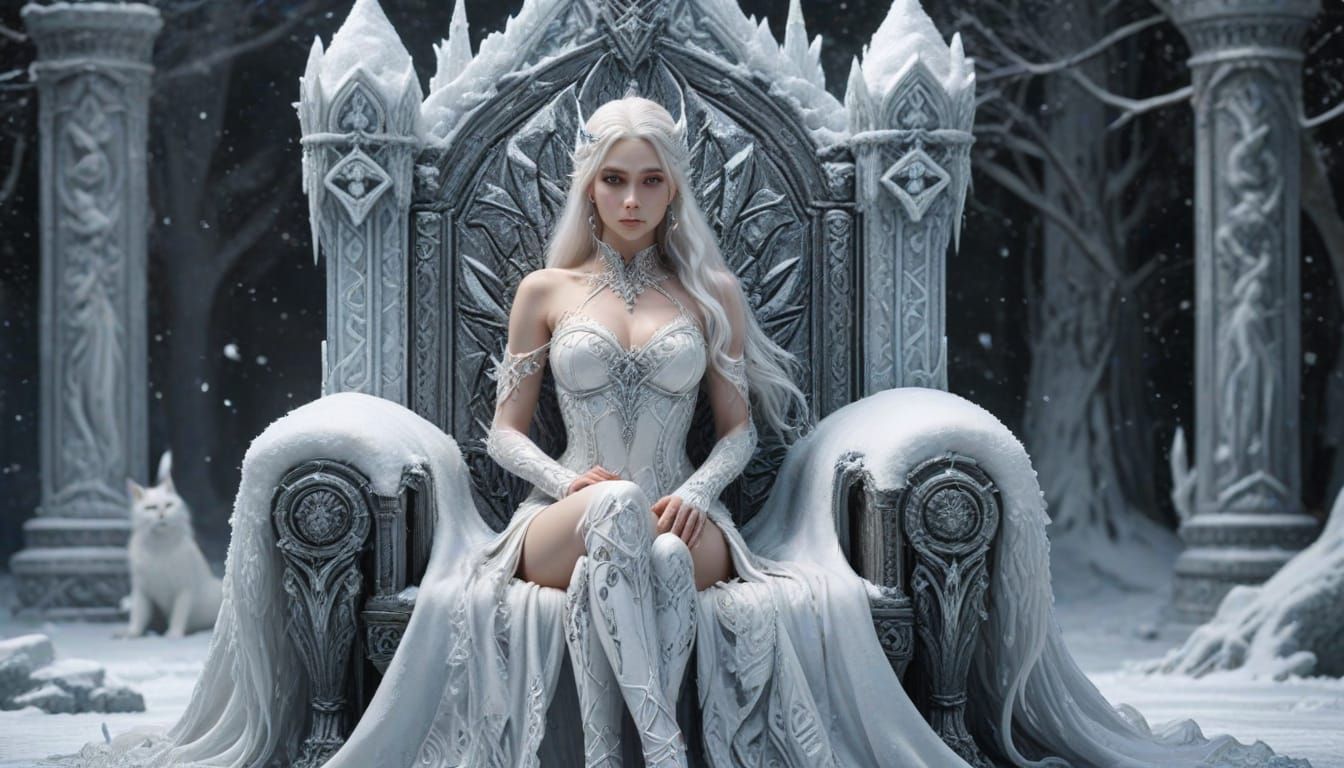 Ethereal Ice Elf Queen Seated on Frosty Throne
