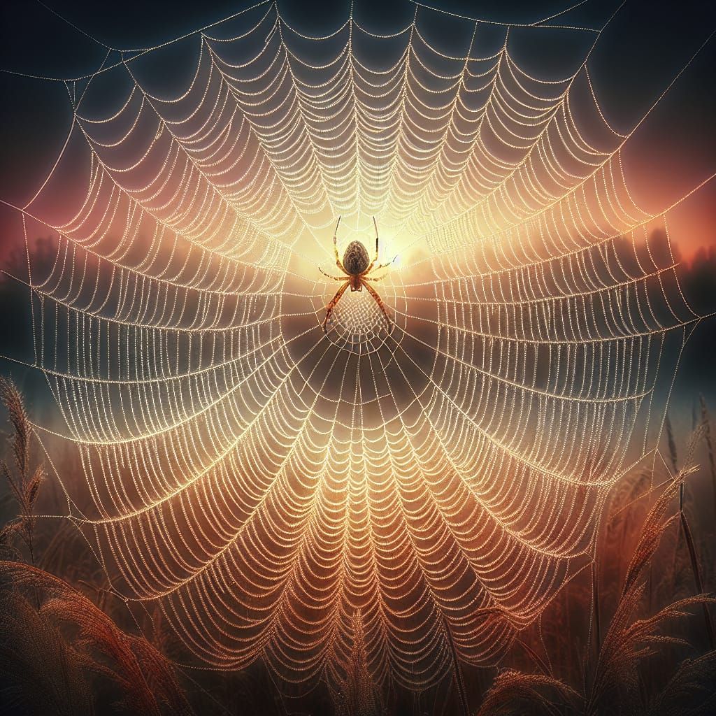 Cobweb with Spider at Sunrise, Realistic Photo Style