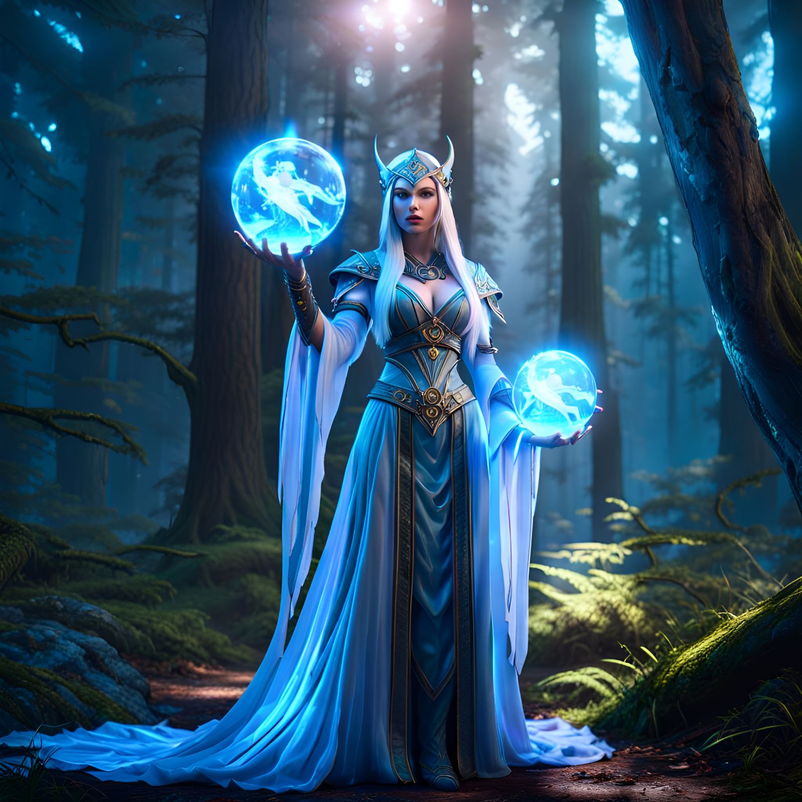 Holographic Sorceress in Magical Forest: 3D Game Cinematic