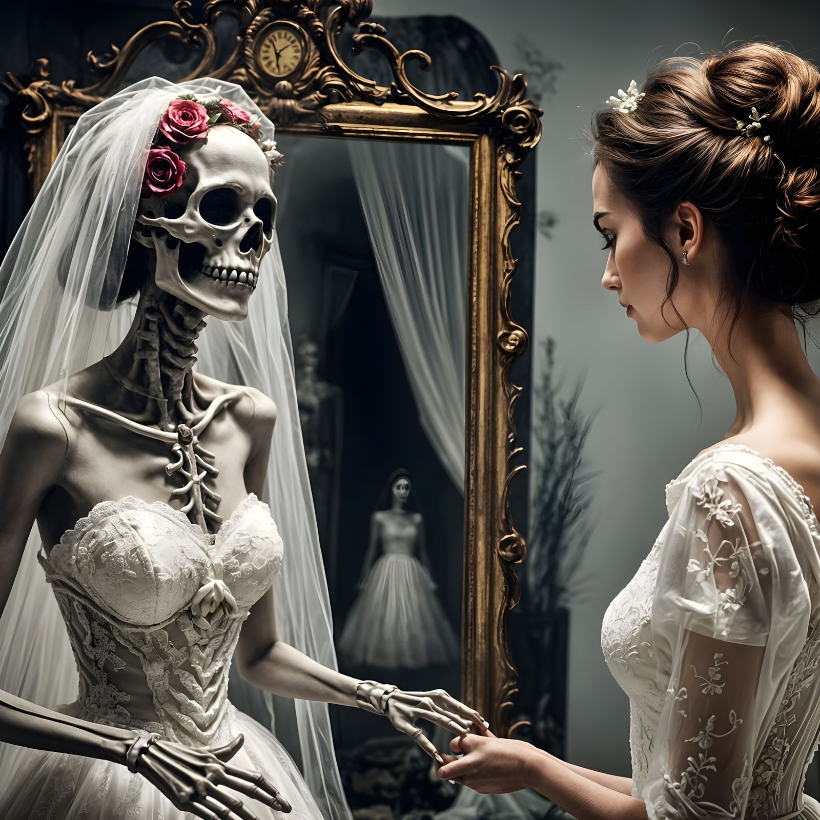 Surreal Bride and Skeleton Horror Scene