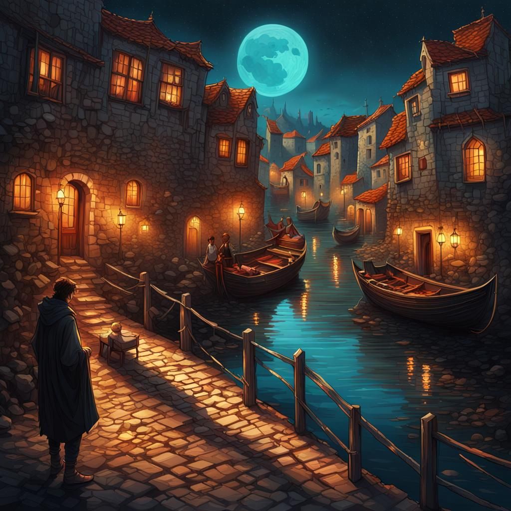 lined streets of an ancient seaside town, adjacent to a medieval river village, stone structures hiding futuristic eleme...