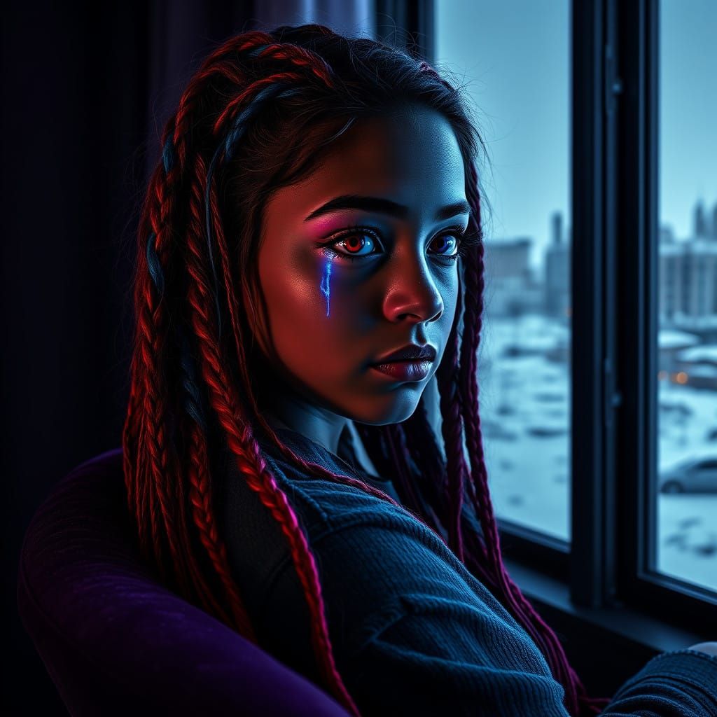 Melancholic Teenage Girl Contemplates Snowy Post-Apocalyptic...