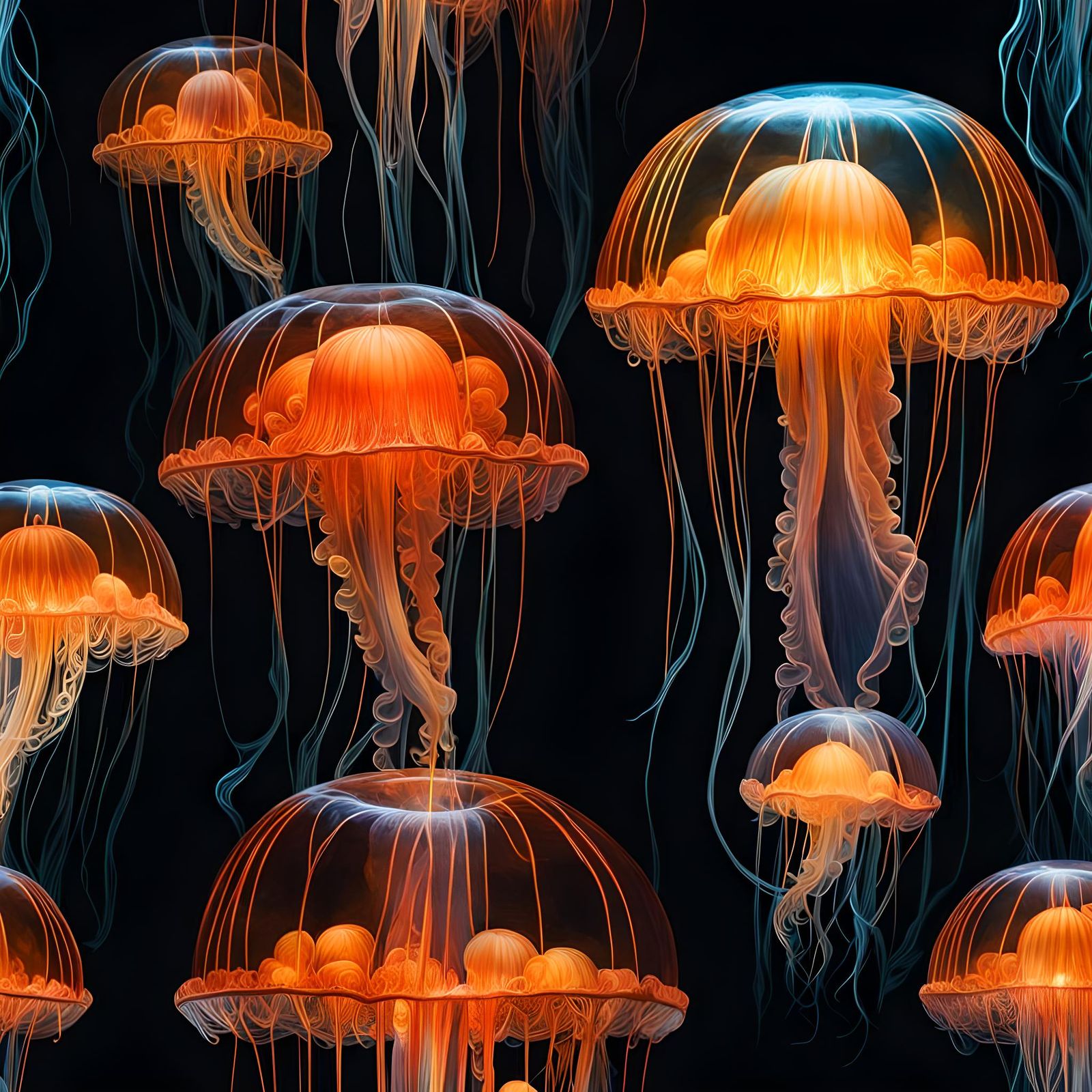 Transparent Majestic Blown Glass Orange jellyfish floating in dark water