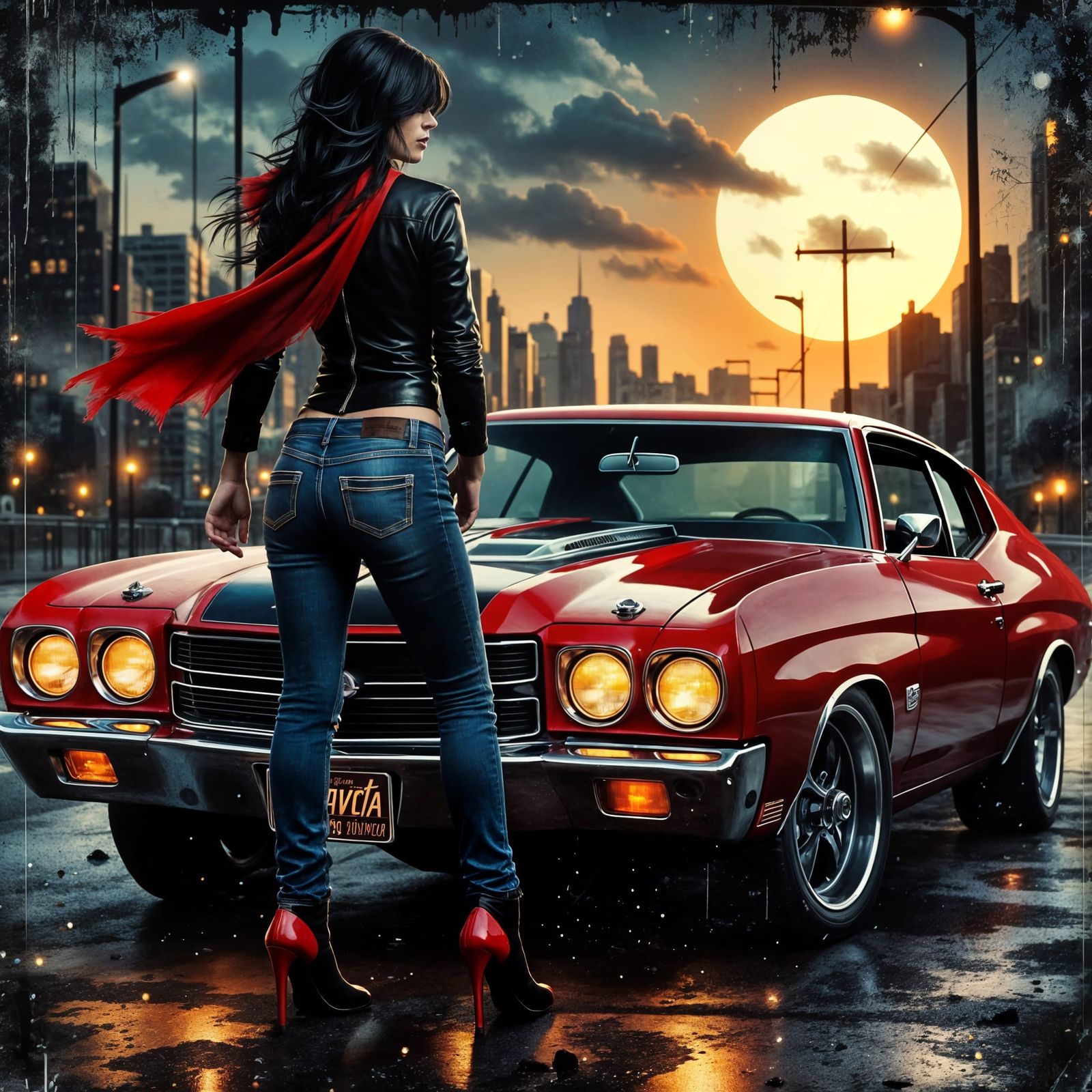 Vampire Woman Poses With Classic Car at Twilight