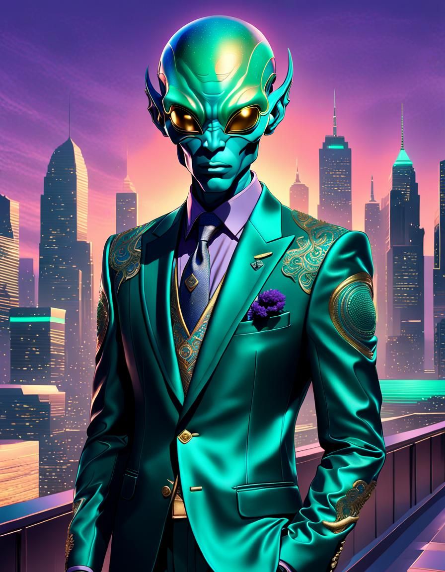 Fashionable Alien in Futuristic Cityscape