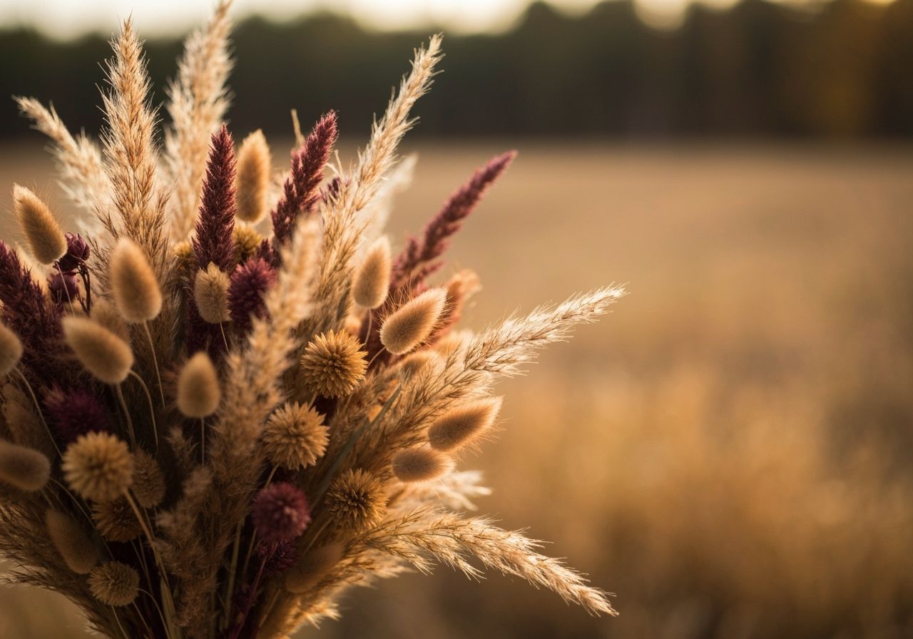 Golden Brown Dried Flower Bouquet in Rustic Autumn Landscape
