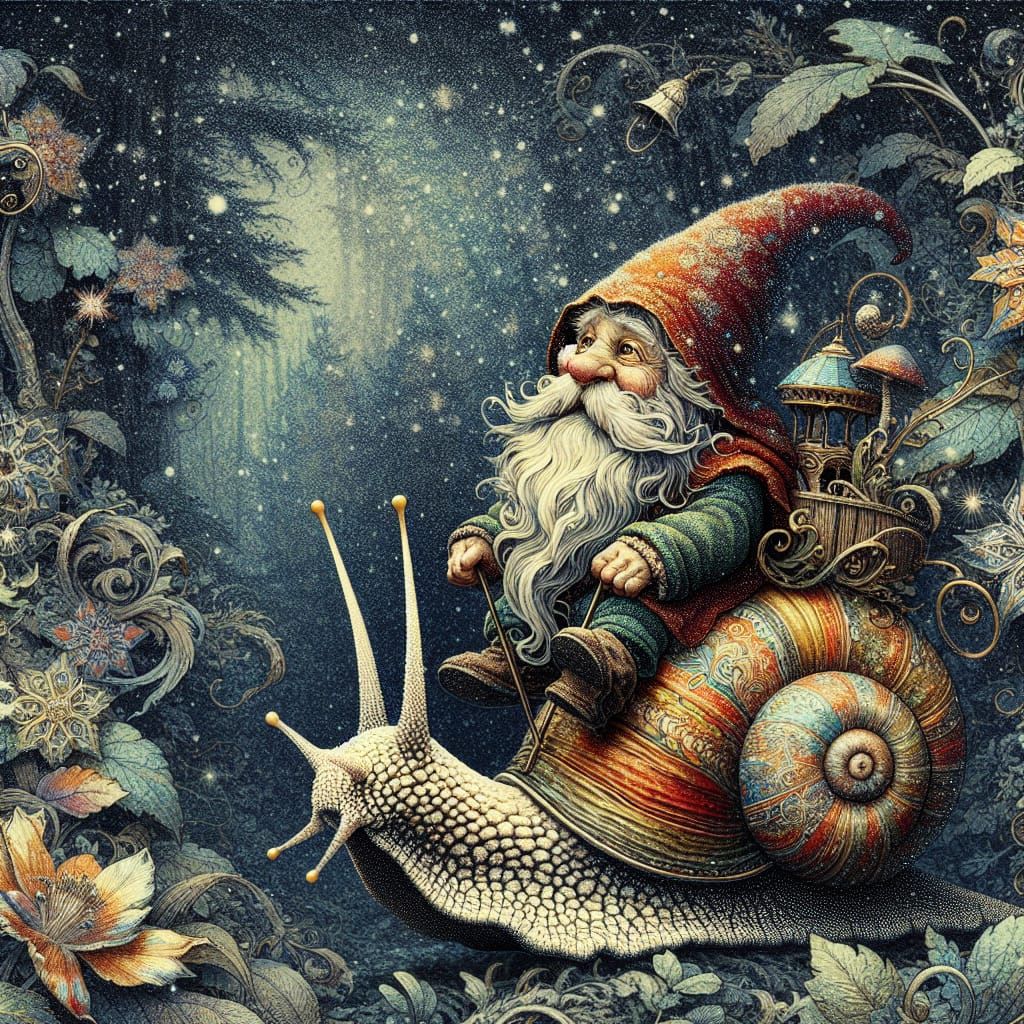 Gnome's Forest Journey on Snail in 3D Art