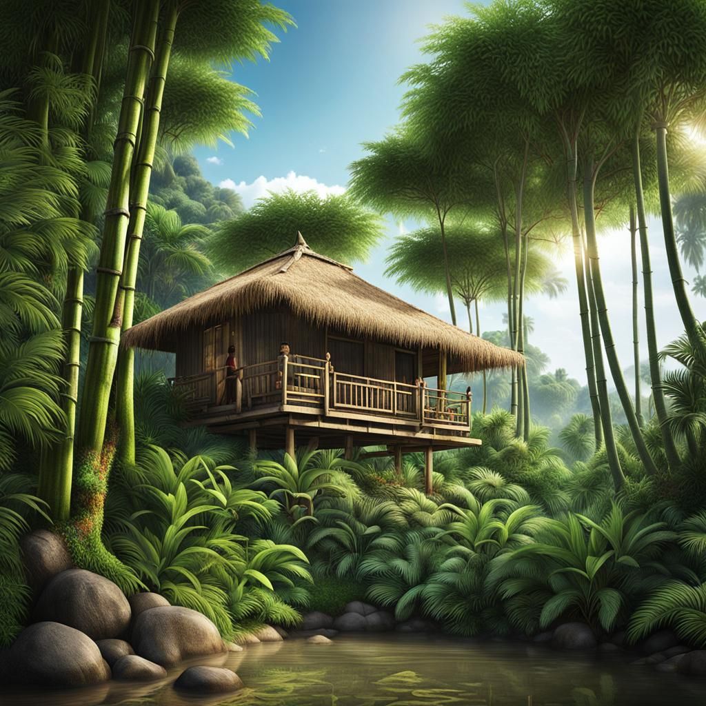 Hyperrealistic Bamboo Beach House with Coral Reef