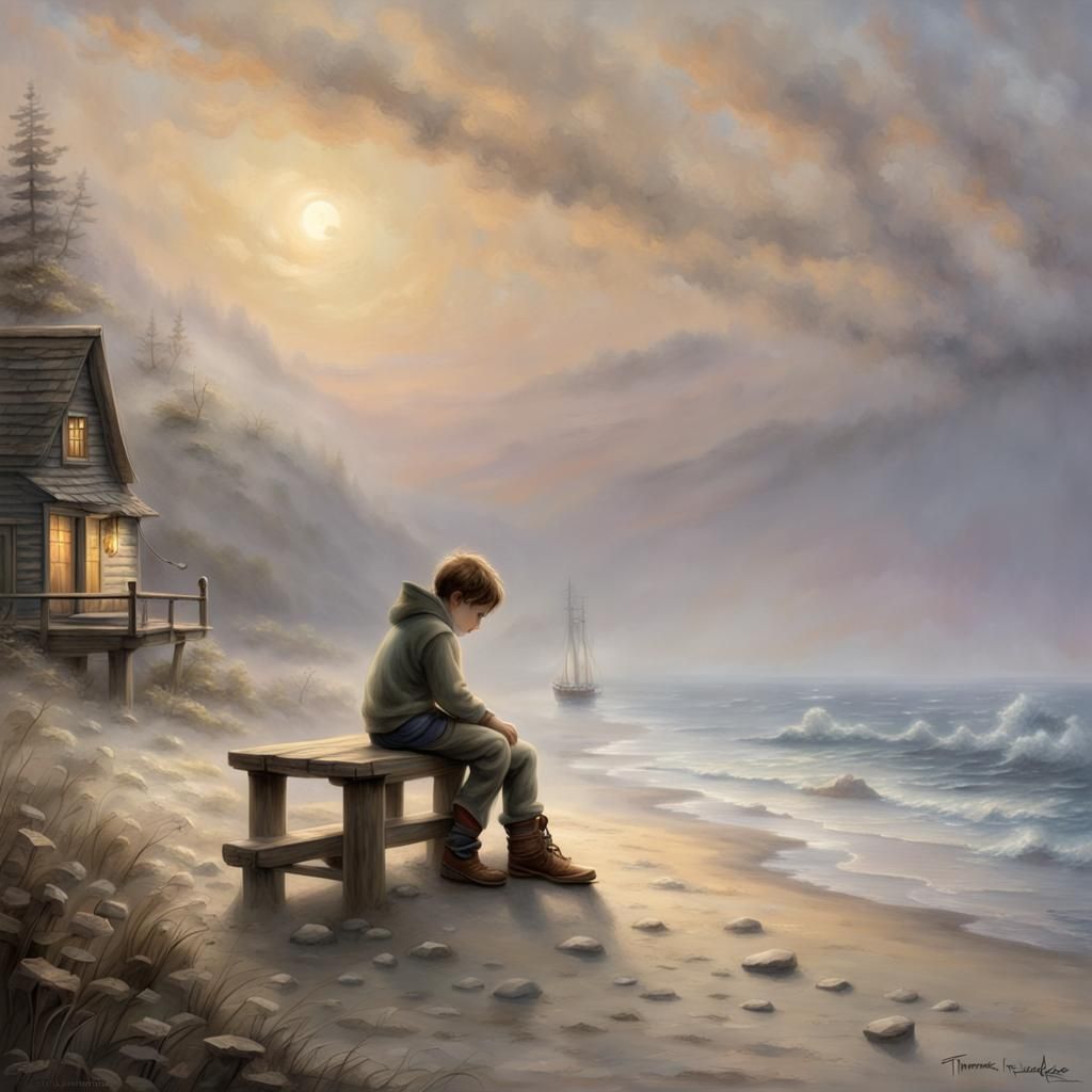 Lonely Wooden Boy on Misty Beach, Fantasy Art