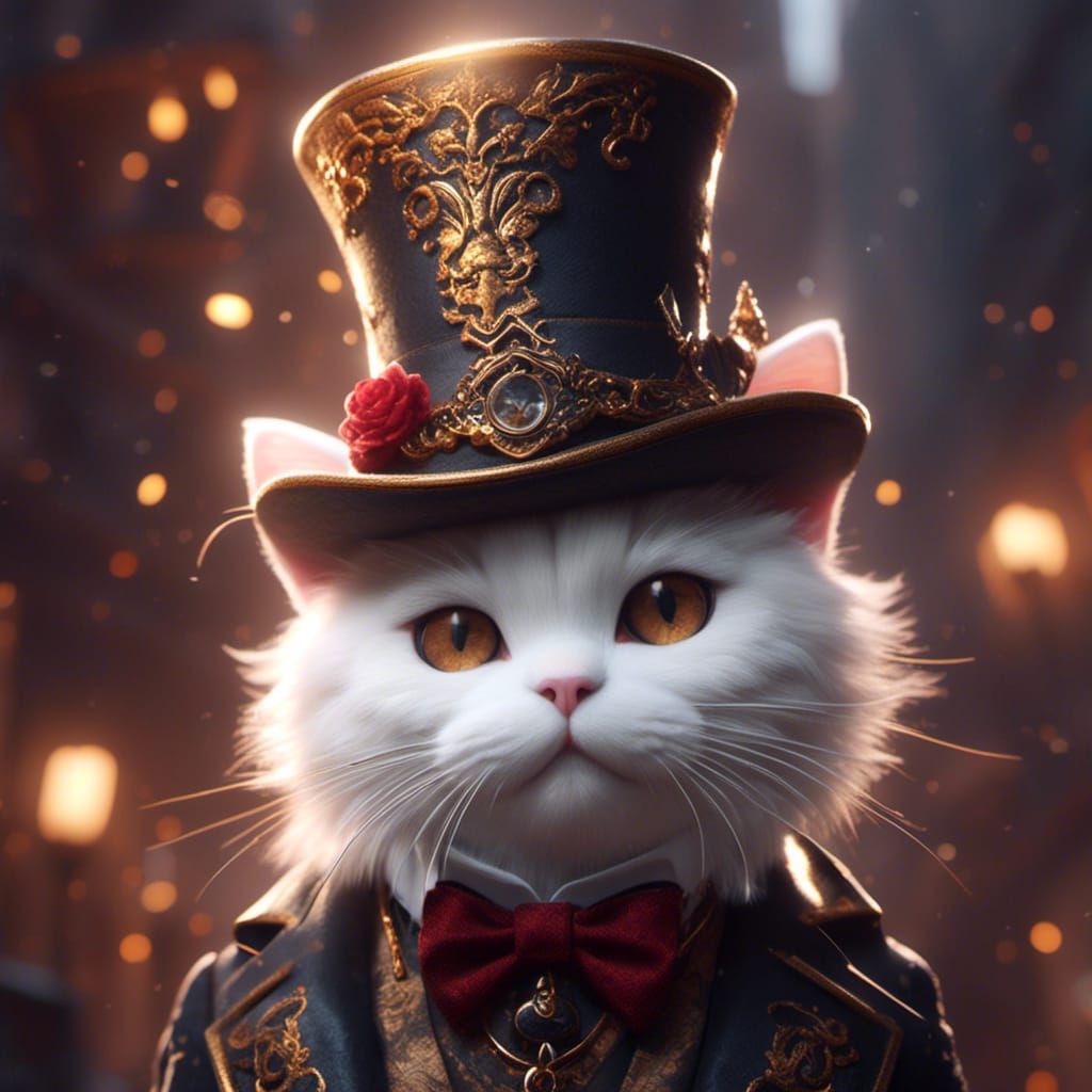 Chibi White Cat in Top Hat, Detailed Digital Art