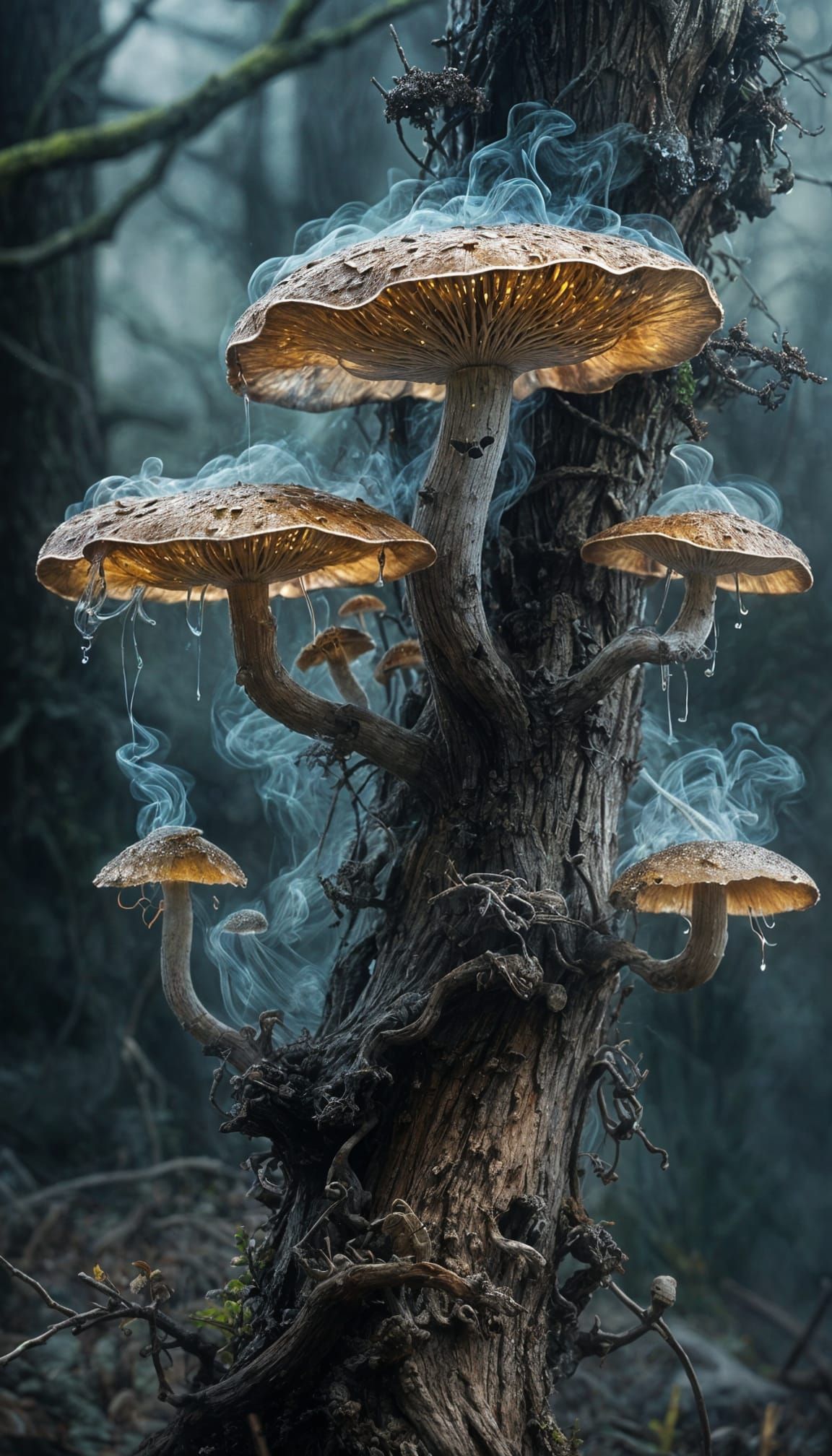 Glowing Bioluminescent Fungi on Tree Bark