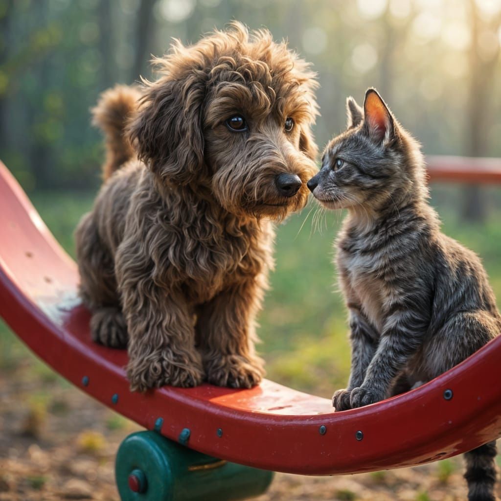 Poodle and Cat on Seesaw: Hyperrealistic Splash Art