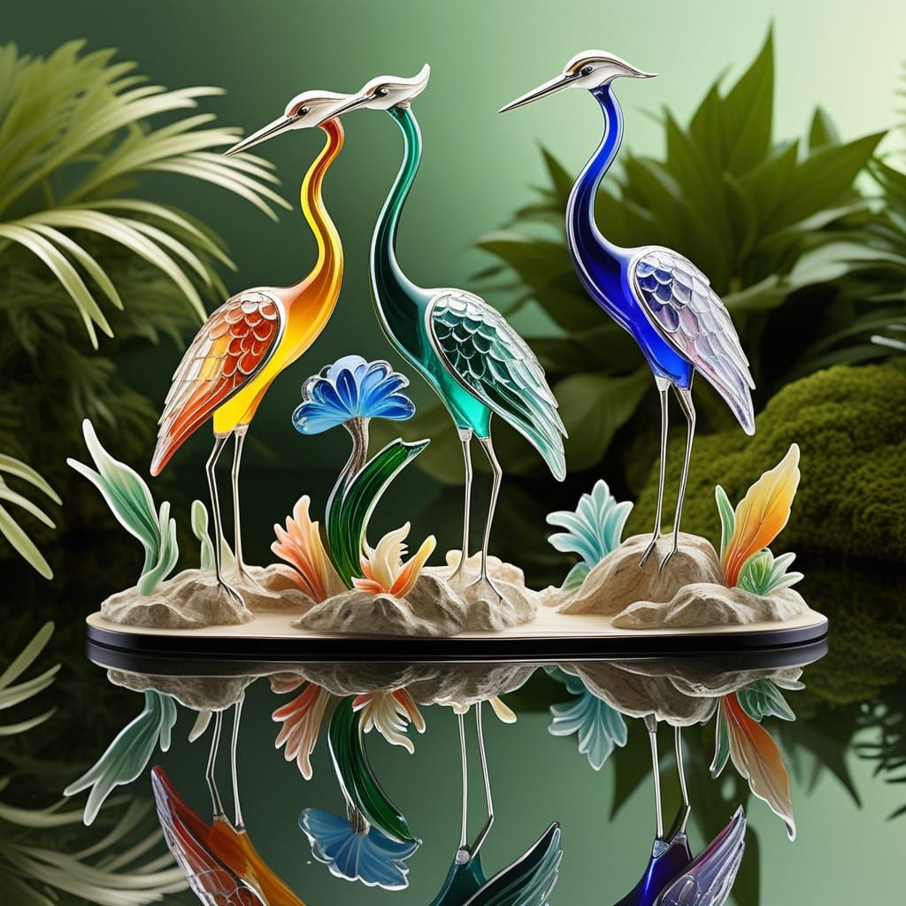 Elegant Herons as Enameled Glass Figurines in Tranquil Lake
