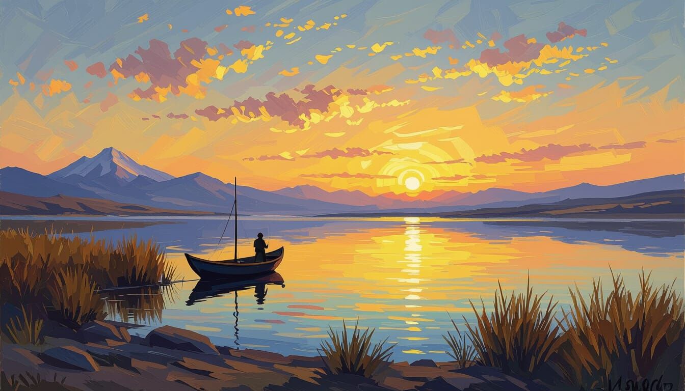 Lake Titicaca Sunset in Impressionist Style