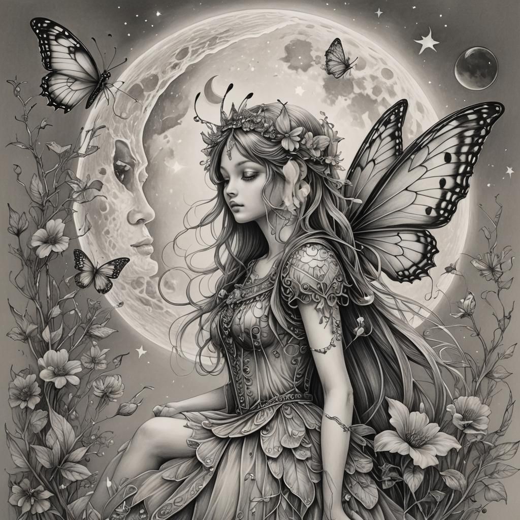 Detailed Pencil Sketch of Butterfly Fairy Moon