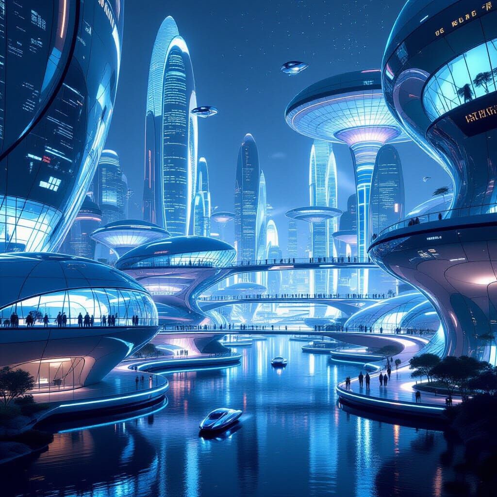 Futuristic Cityscape with Organic Architecture and Neon Ligh...