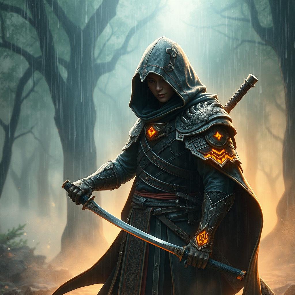 Ethereal Warrior in Rain-soaked Forest, Matte Painting