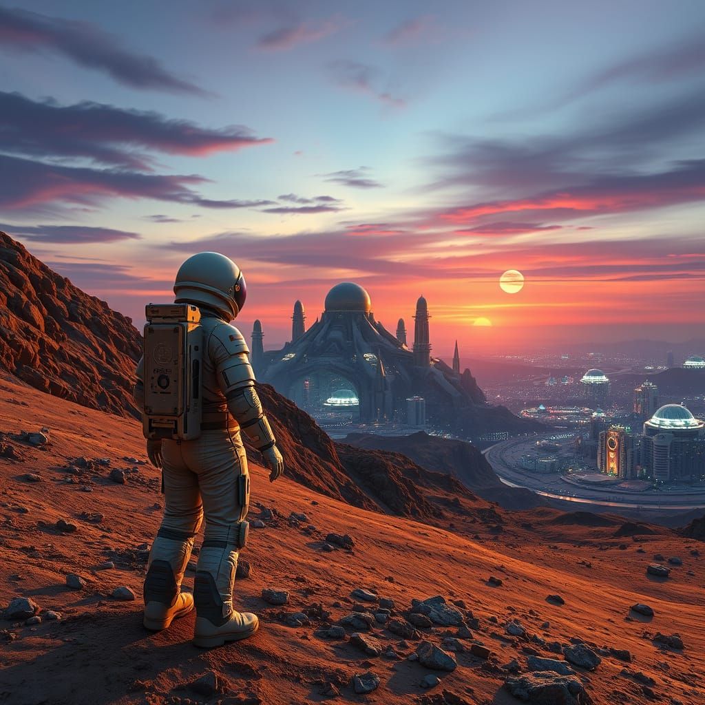 Alien Planet Sunset with Futuristic Cityscape