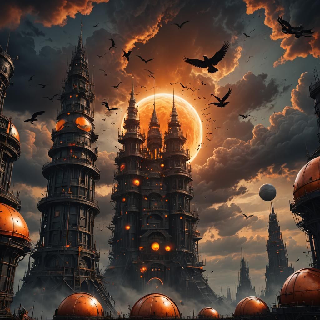Giant Metal Tower with Crows: Fantasy Concept Art