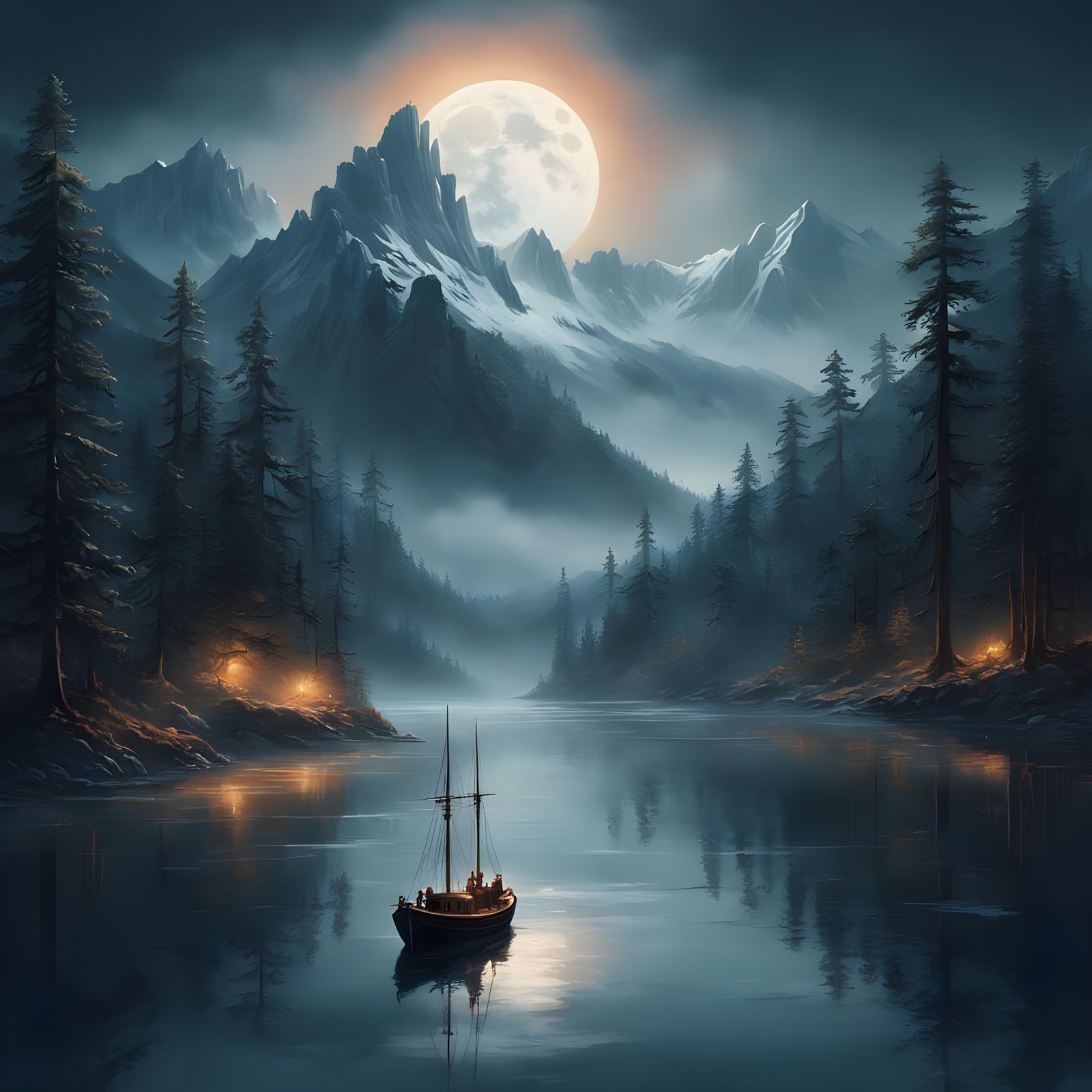 Stunning Moonlit Scene with Towering Pine Trees and Mountain...